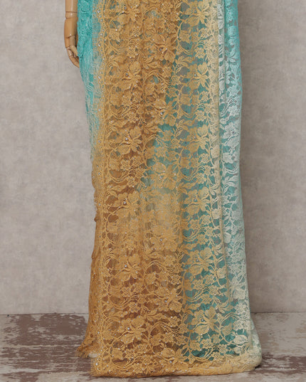 Aqua Teal to Gold Ombre French Chantilly Lace Saree