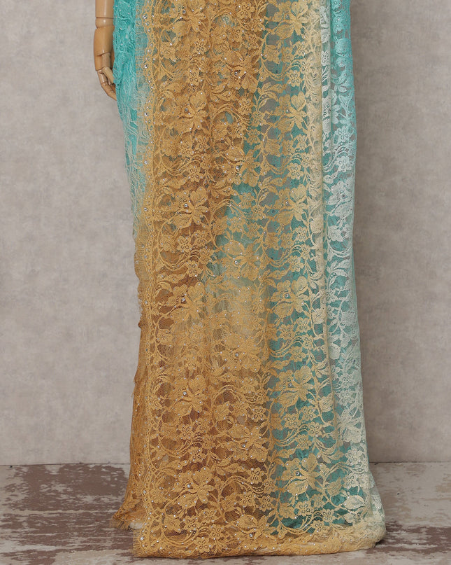 Aqua Teal to Gold Ombre French Chantilly Lace Saree