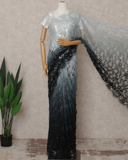 Silver Grey and Black Premium French Ombre Chantilly Lace Saree with Stone Work – 5.5 Meters Length, 110 Cms Width, Crafted in France-D26107