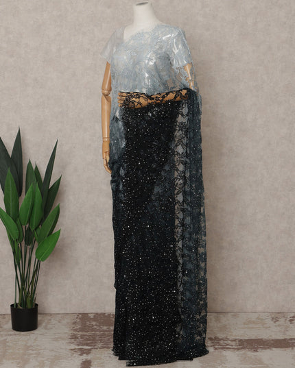 Silver Grey and Black Premium French Ombre Chantilly Lace Saree with Stone Work – 5.5 Meters Length, 110 Cms Width, Crafted in France-D26107
