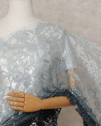 Silver Grey and Black Premium French Ombre Chantilly Lace Saree with Stone Work – 5.5 Meters Length, 110 Cms Width, Crafted in France-D26107