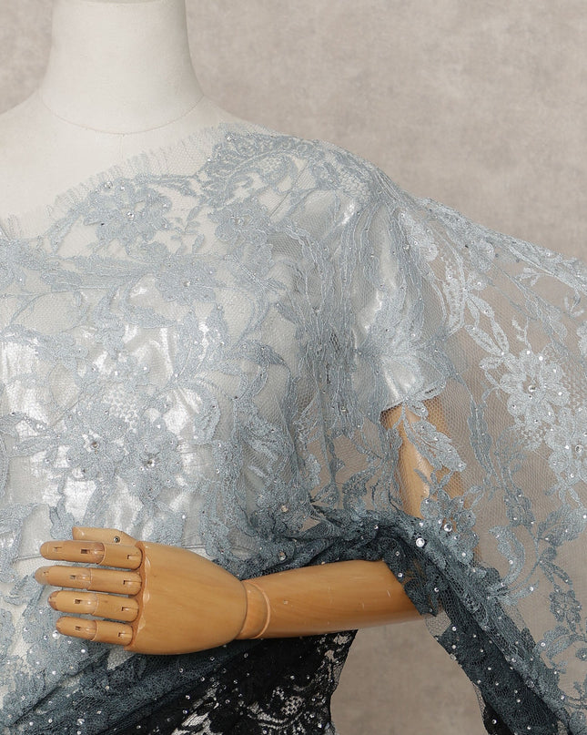Silver Grey and Black Premium French Ombre Chantilly Lace Saree with Stone Work – 5.5 Meters Length, 110 Cms Width, Crafted in France-D26107
