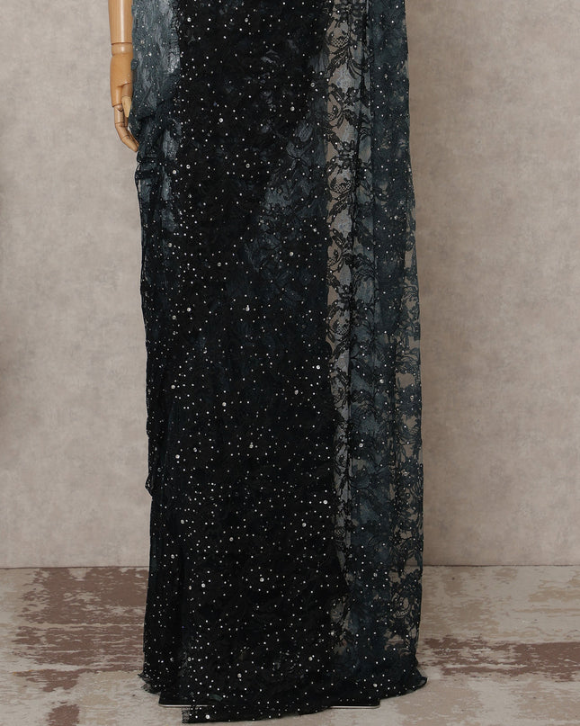 Silver Grey and Black Premium French Ombre Chantilly Lace Saree with Stone Work – 5.5 Meters Length, 110 Cms Width, Crafted in France-D26107