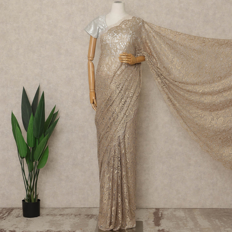Champagne Pink Premium French Metallic Chantilly Lace Saree with Stone Work, 5.5 Mtrs Length, 110 Cms Width, Made in France-D27132 Regal Fabrics