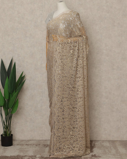 Champagne Pink Premium French Metallic Chantilly Lace Saree with Stone Work, 5.5 Mtrs Length, 110 Cms Width, Made in France-D27132 Regal Fabrics