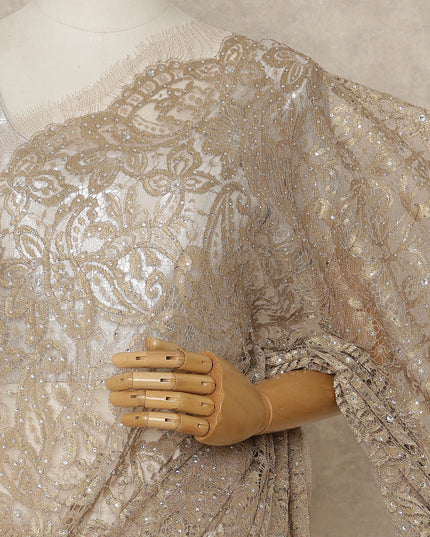 Champagne Pink Premium French Metallic Chantilly Lace Saree with Stone Work, 5.5 Mtrs Length, 110 Cms Width, Made in France-D27132 Regal Fabrics