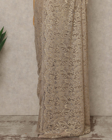 Champagne Pink Premium French Metallic Chantilly Lace Saree with Stone Work, 5.5 Mtrs Length, 110 Cms Width, Made in France-D27132 Regal Fabrics