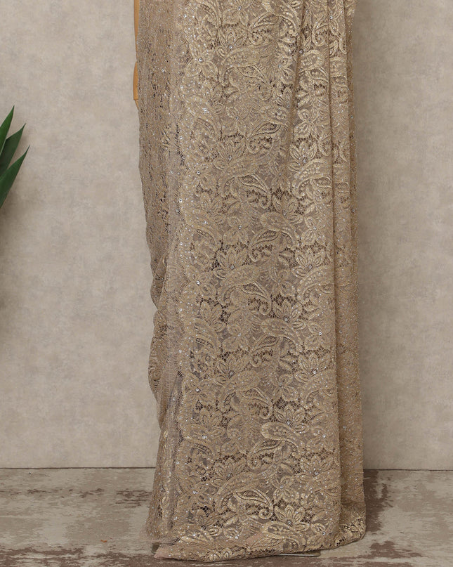 Champagne Pink Premium French Metallic Chantilly Lace Saree with Stone Work, 5.5 Mtrs Length, 110 Cms Width, Made in France-D27132 Regal Fabrics