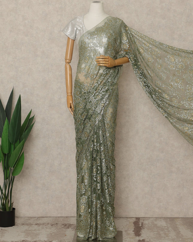 Sage Green Premium French Metallic Chantilly Lace Saree with Stone Work, 5.5 Mtrs Length, 110 Cms Width, Made in France-D27130 Regal Fabrics