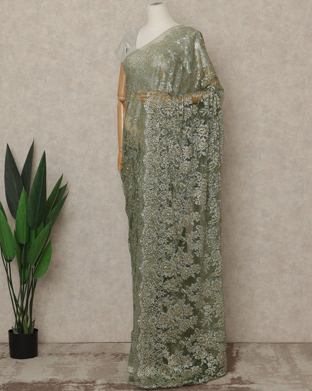 Sage Green Premium French Metallic Chantilly Lace Saree with Stone Work, 5.5 Mtrs Length, 110 Cms Width, Made in France-D27130 Regal Fabrics