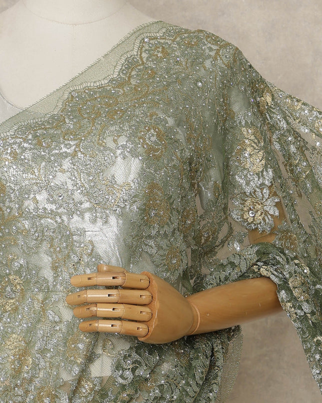 Sage Green Premium French Metallic Chantilly Lace Saree with Stone Work, 5.5 Mtrs Length, 110 Cms Width, Made in France-D27130 Regal Fabrics
