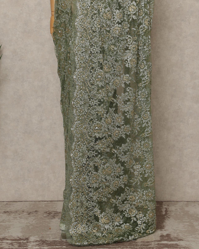 Sage Green Premium French Metallic Chantilly Lace Saree with Stone Work, 5.5 Mtrs Length, 110 Cms Width, Made in France-D27130 Regal Fabrics
