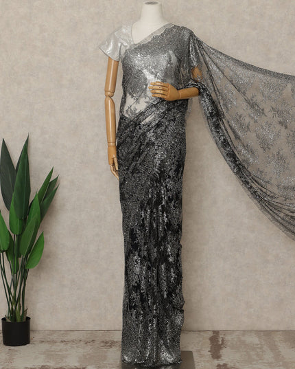 Black Silver Premium French Metallic Chantilly Lace Saree with Stone Work, 5.5 Mtrs Length, 110 Cms Width, Made in France-D27128 Regal Fabrics
