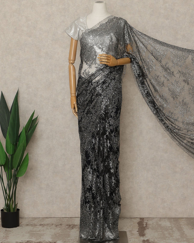 Black Silver Premium French Metallic Chantilly Lace Saree with Stone Work, 5.5 Mtrs Length, 110 Cms Width, Made in France-D27128 Regal Fabrics