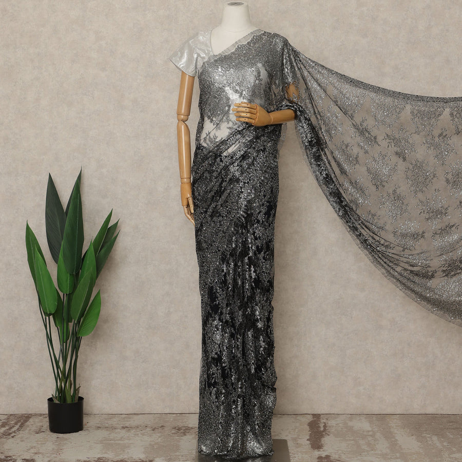 Black Silver Premium French Metallic Chantilly Lace Saree with Stone Work, 5.5 Mtrs Length, 110 Cms Width, Made in France-D27128 Regal Fabrics