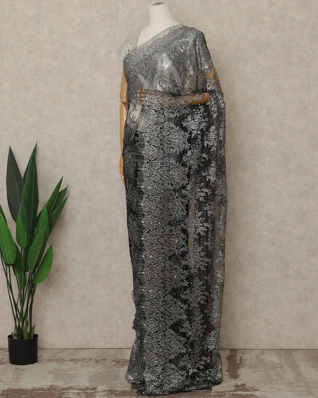 Black Silver Premium French Metallic Chantilly Lace Saree with Stone Work, 5.5 Mtrs Length, 110 Cms Width, Made in France-D27128 Regal Fabrics