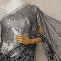 Black Silver Premium French Metallic Chantilly Lace Saree with Stone Work, 5.5 Mtrs Length, 110 Cms Width, Made in France-D27128 Regal Fabrics