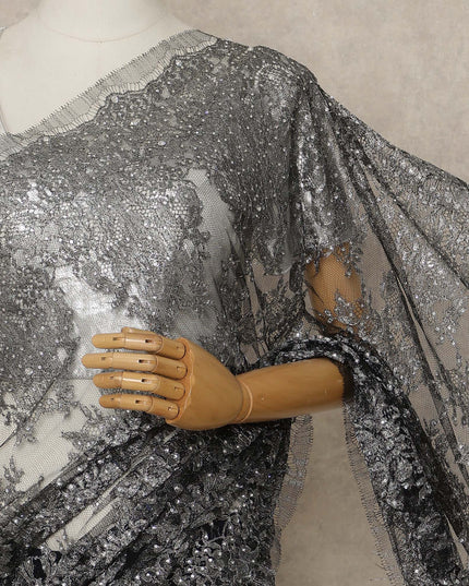 Black Silver Premium French Metallic Chantilly Lace Saree with Stone Work, 5.5 Mtrs Length, 110 Cms Width, Made in France-D27128 Regal Fabrics