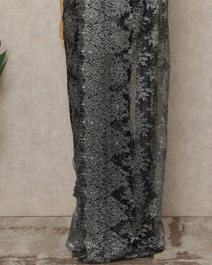 Black Silver Premium French Metallic Chantilly Lace Saree with Stone Work, 5.5 Mtrs Length, 110 Cms Width, Made in France-D27128 Regal Fabrics
