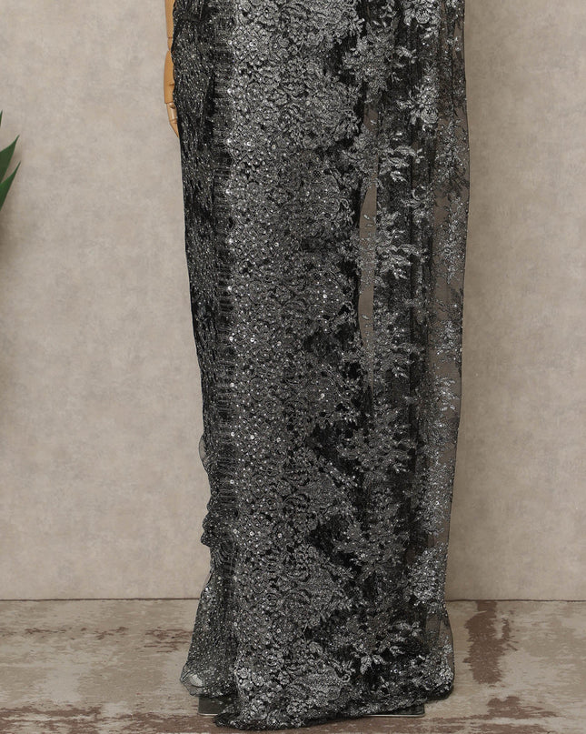 Black Silver Premium French Metallic Chantilly Lace Saree with Stone Work, 5.5 Mtrs Length, 110 Cms Width, Made in France-D27128 Regal Fabrics