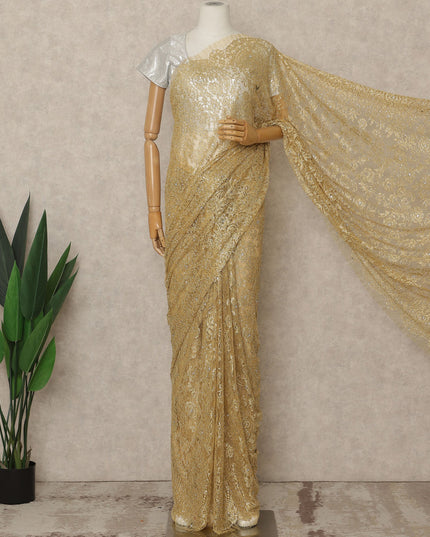Antique Gold Premium French Metallic Chantilly Lace Saree with Stone Work, 5.5 Mtrs Length, 110 Cms Width, Made in France-D27129