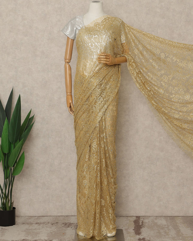 Antique Gold Premium French Metallic Chantilly Lace Saree with Stone Work, 5.5 Mtrs Length, 110 Cms Width, Made in France-D27129