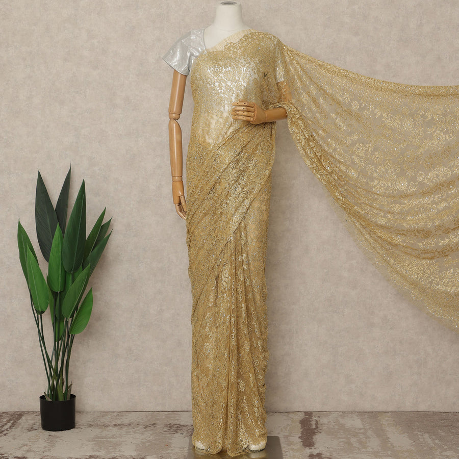 Antique Gold Premium French Metallic Chantilly Lace Saree with Stone Work, 5.5 Mtrs Length, 110 Cms Width, Made in France-D27129