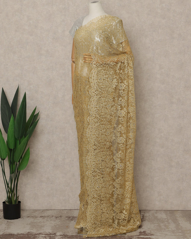 Antique Gold Premium French Metallic Chantilly Lace Saree with Stone Work, 5.5 Mtrs Length, 110 Cms Width, Made in France-D27129