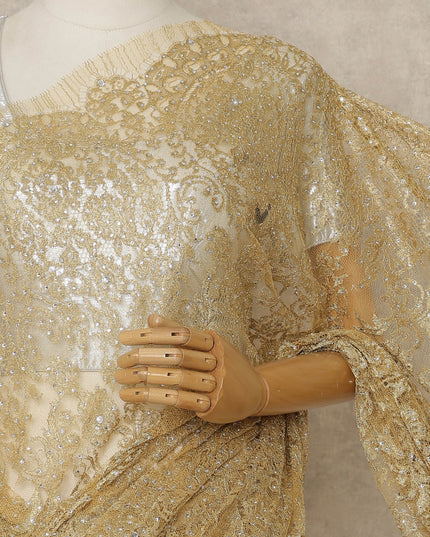 Antique Gold Premium French Metallic Chantilly Lace Saree with Stone Work, 5.5 Mtrs Length, 110 Cms Width, Made in France-D27129