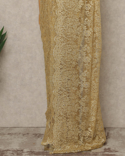 Antique Gold Premium French Metallic Chantilly Lace Saree with Stone Work, 5.5 Mtrs Length, 110 Cms Width, Made in France-D27129