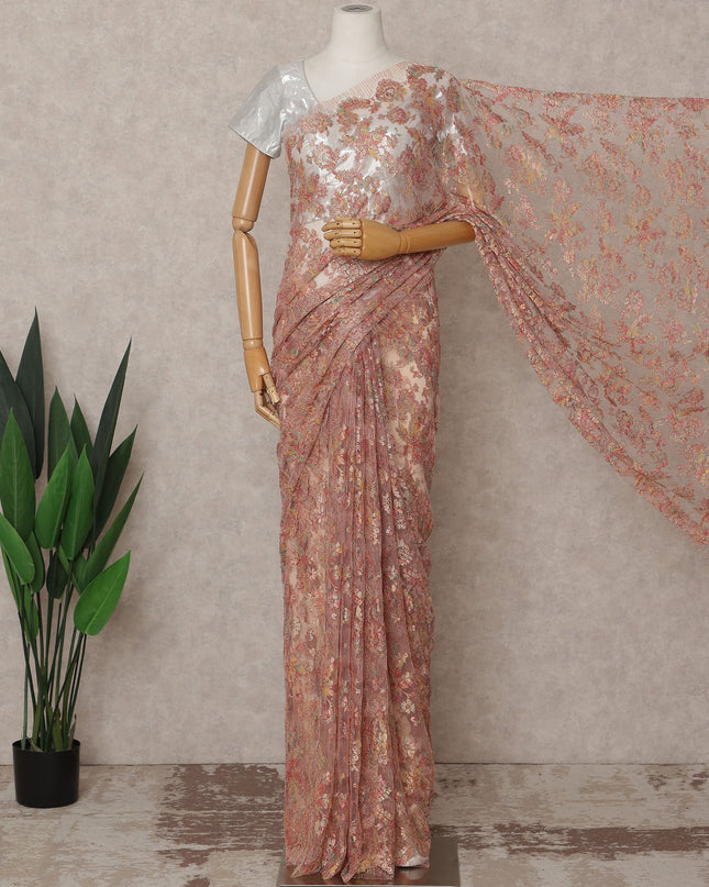 Rose Gold Premium French Metallic Chantilly Lace Saree – 5.5 Meters Length, 110 Cms Width, Crafted in France-D26116