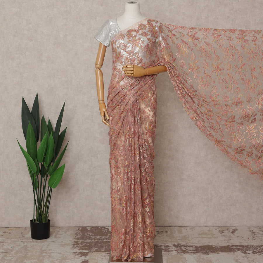 Rose Gold Premium French Metallic Chantilly Lace Saree – 5.5 Meters Length, 110 Cms Width, Crafted in France-D26116