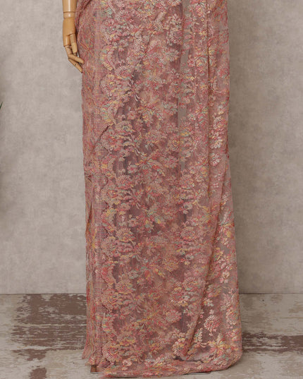 Rose Gold Premium French Metallic Chantilly Lace Saree – 5.5 Meters Length, 110 Cms Width, Crafted in France-D26116