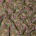Olive Green Floral Allover Printed Premium Pure Silk Satin Fabric, 110 Cms, China-D27072