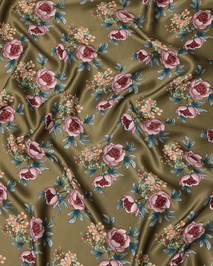 Olive Green Floral Allover Printed Premium Pure Silk Satin Fabric, 110 Cms, China-D27072