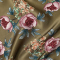 Olive Green Floral Allover Printed Premium Pure Silk Satin Fabric, 110 Cms, China-D27072