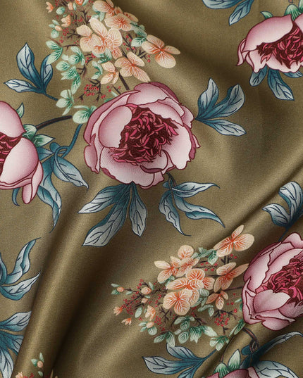 Olive Green Floral Allover Printed Premium Pure Silk Satin Fabric, 110 Cms, China-D27072