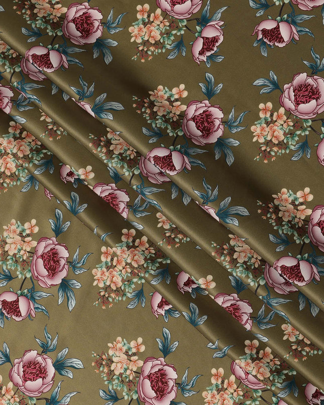 Olive Green Floral Allover Printed Premium Pure Silk Satin Fabric, 110 Cms, China-D27072