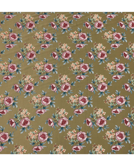 Olive Green Floral Allover Printed Premium Pure Silk Satin Fabric, 110 Cms, China-D27072