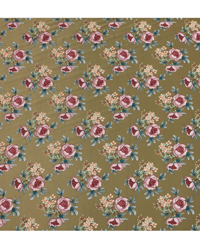 Olive Green Floral Allover Printed Premium Pure Silk Satin Fabric, 110 Cms, China-D27072