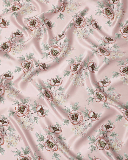 Baby Pink Floral Allover Printed Premium Pure Silk Satin Fabric, 110 Cms, China-D27074