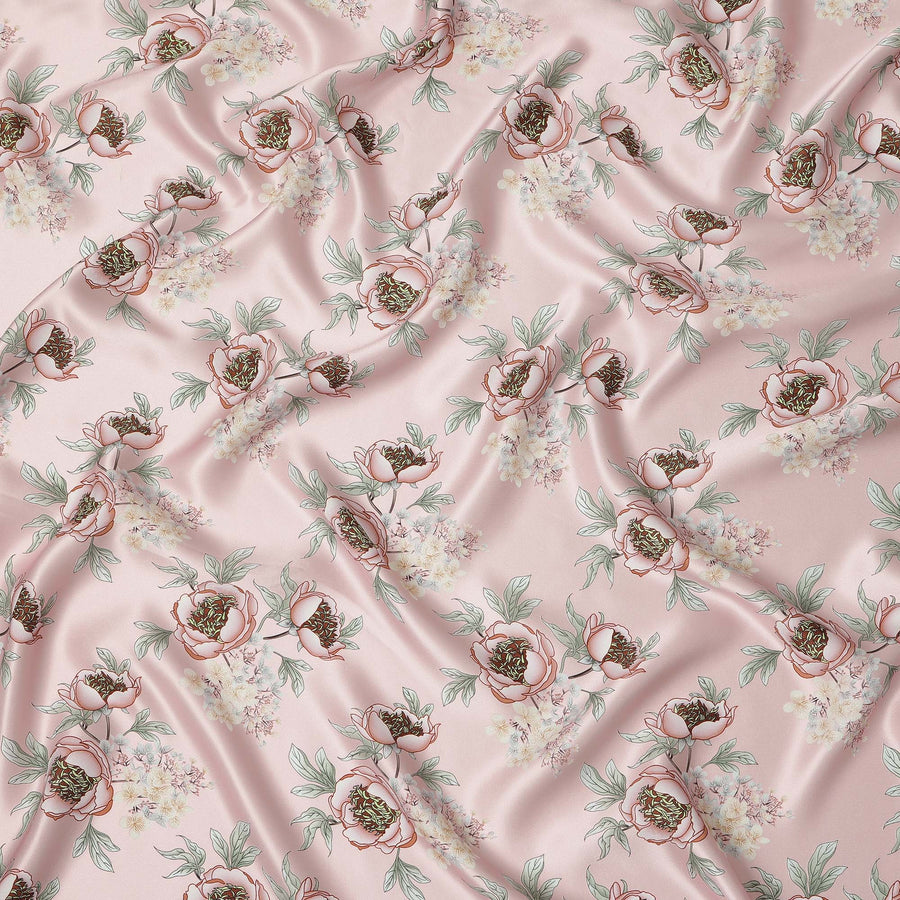 Baby Pink Floral Allover Printed Premium Pure Silk Satin Fabric, 110 Cms, China-D27074