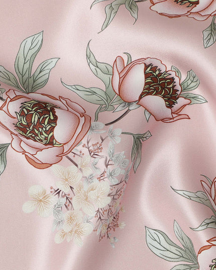 Baby Pink Floral Allover Printed Premium Pure Silk Satin Fabric, 110 Cms, China-D27074