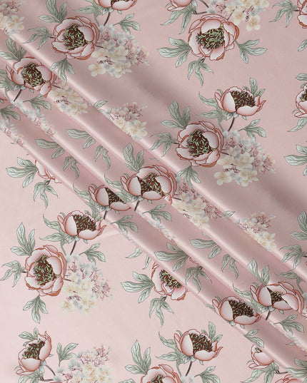 Baby Pink Floral Allover Printed Premium Pure Silk Satin Fabric, 110 Cms, China-D27074