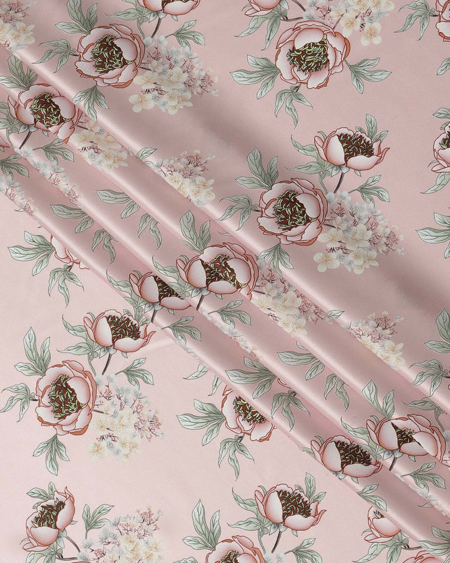 Baby Pink Floral Allover Printed Premium Pure Silk Satin Fabric, 110 Cms, China-D27074
