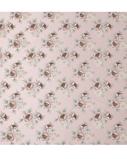 Baby Pink Floral Allover Printed Premium Pure Silk Satin Fabric, 110 Cms, China-D27074