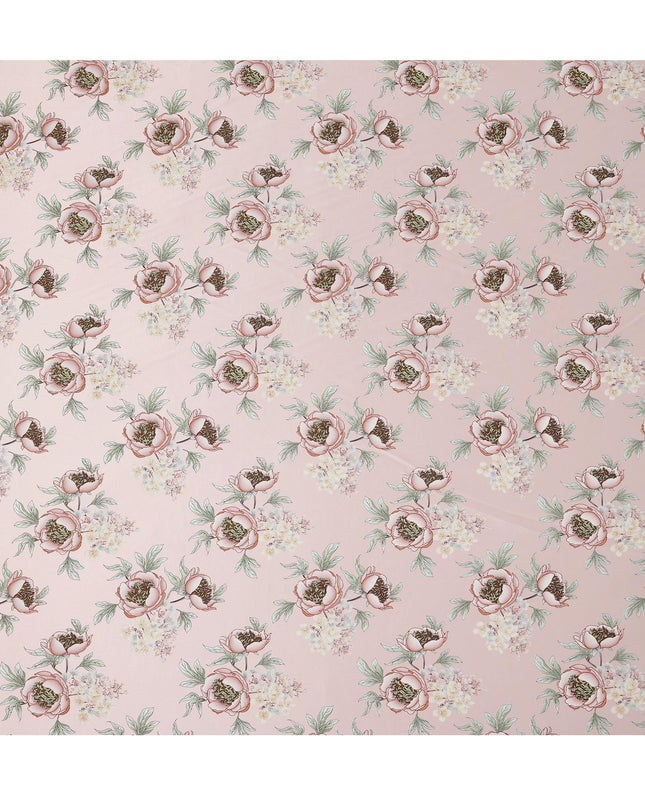 Baby Pink Floral Allover Printed Premium Pure Silk Satin Fabric, 110 Cms, China-D27074