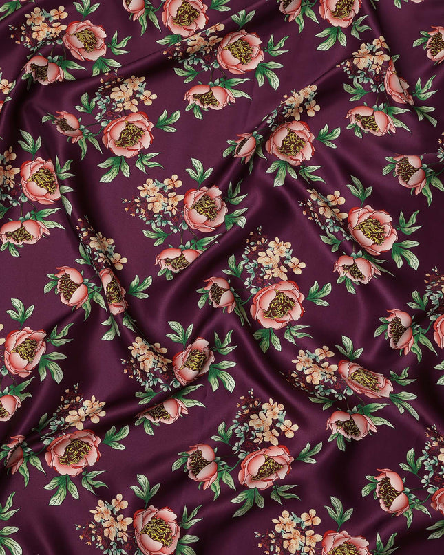 Wine Floral Allover Printed Premium Pure Silk Satin Fabric, 110 Cms, China-D27071