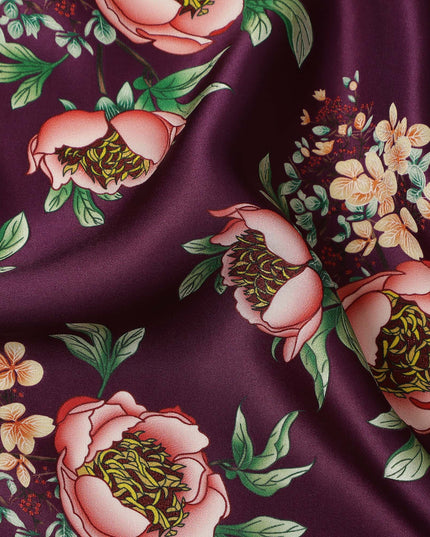 Wine Floral Allover Printed Premium Pure Silk Satin Fabric, 110 Cms, China-D27071