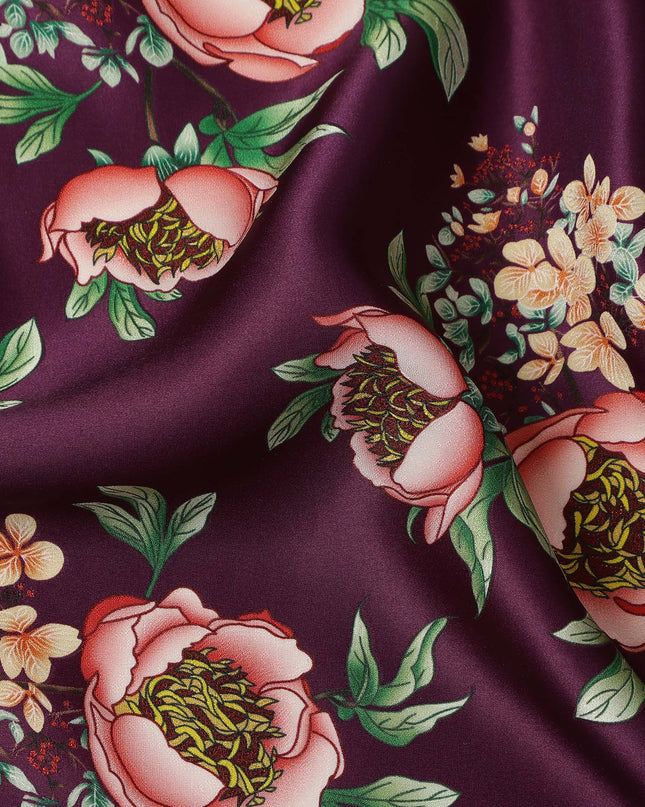 Wine Floral Allover Printed Premium Pure Silk Satin Fabric, 110 Cms, China-D27071